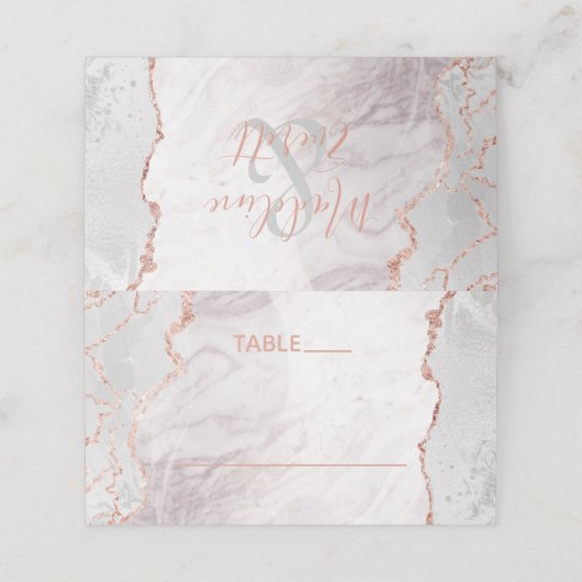 Carte De Placement Blanc & Rose Gold Agate Siège Numéro de table (Extérieur déplié)