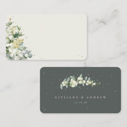 Carte De Placement Blanc vert/crème Snowberry+Eucalyptus Mariage (Devant / Derrière)