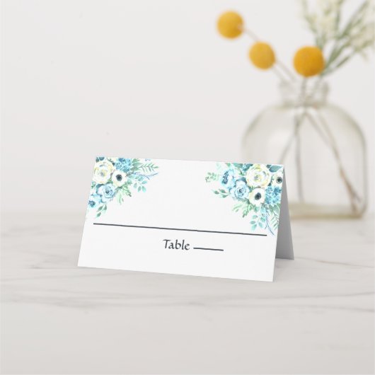 Carte De Placement Bleu Blanc Floral Elégant Mariage Carte Place (Devant)