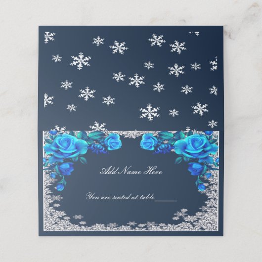 Carte De Placement Bleu clair Roses Flocon de neige Noël (Extérieur déplié)