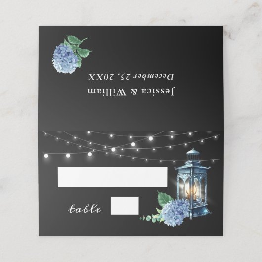 Carte De Placement Bleu Hydrangea Lanterne Boho Noir Table Mariage (Extérieur déplié)