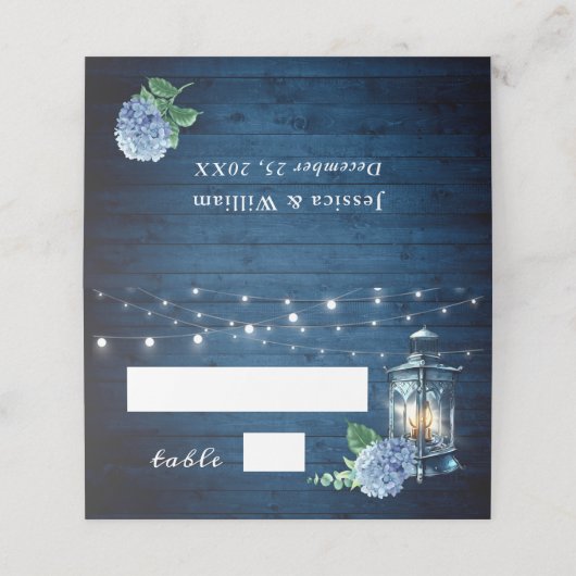 Carte De Placement Bleu Hydrangea Lanterne Marine Mariage de bois (Extérieur déplié)