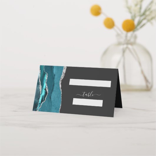 Carte De Placement Bleu sarcelle chic argent agate foncé mariage (Devant)