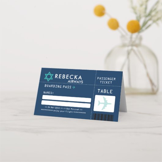 Carte De Placement BLEUE TURQUOISE Bar Mitzvah Airline Carte Place (Devant)
