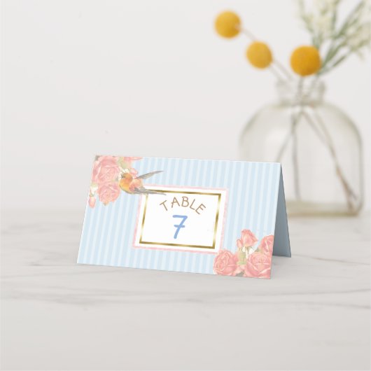 Carte De Placement Blue Floral Gold Bird Mariage Numéro de table (Devant)