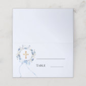 Carte De Placement Blue floral wreath gold cross bow boy baptism (Extérieur déplié)