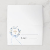 Carte De Placement Blue floral wreath gold cross bow ribbon boy (Extérieur déplié)