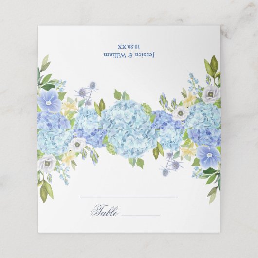 Carte De Placement Blue Hydrangea Floral Greenery Table Mariage (Extérieur déplié)