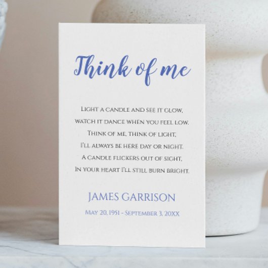 Carte De Placement Blue Think Of Me Célébration de la vie bougie
