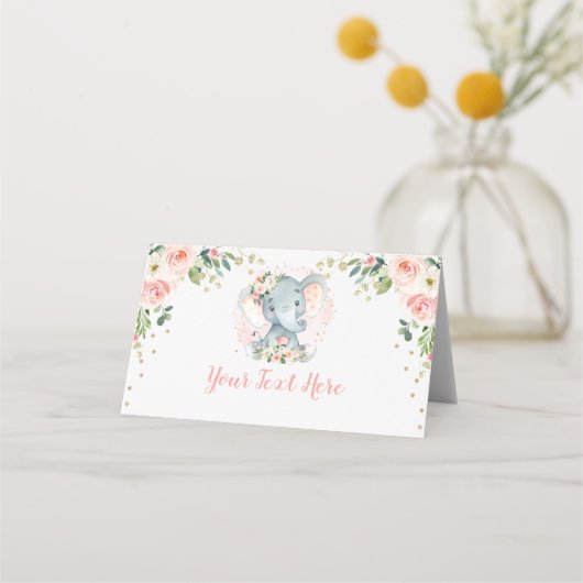 Carte De Placement Blush Gold Floral Elephant Baby Girl Birthday (Devant)
