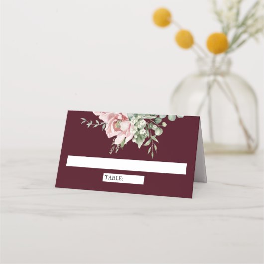 Carte De Placement Blush Pink Floral Eucalyptus Burgundy Wedding (Devant)