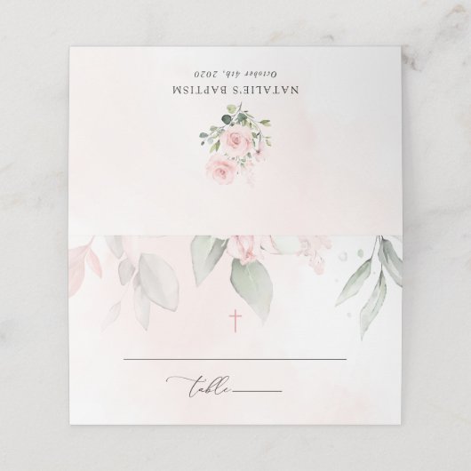 Carte De Placement Blush Pink Flowers, Greenery, Boho, Floral Baptism (Extérieur déplié)