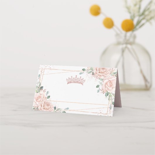 Carte De Placement Blush rose Floral Rose or Couronne Quinceañera (Devant)