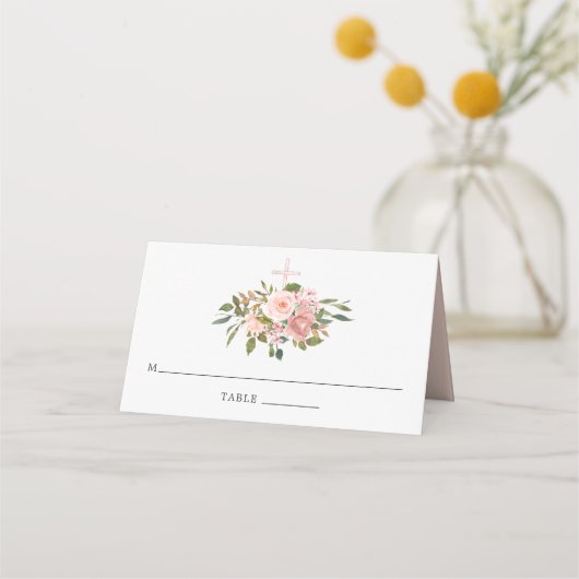 Carte De Placement Blush Rose & Rose Gold Floral First Holy Communion (Devant)