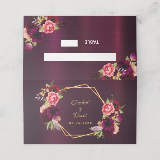 Carte De Placement Boho mariage de fleurs roses bordeaux (Extérieur déplié)