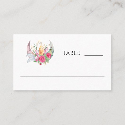 Carte De Placement Boho Moon Crystals Plumes rose Fleurs Mariage (Devant)