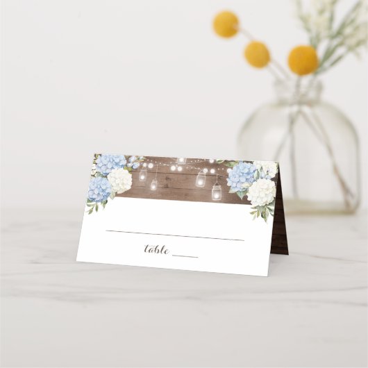 Carte De Placement Bois rustique Bleu Hydrangée Éclairage à cordes Ma (Devant)