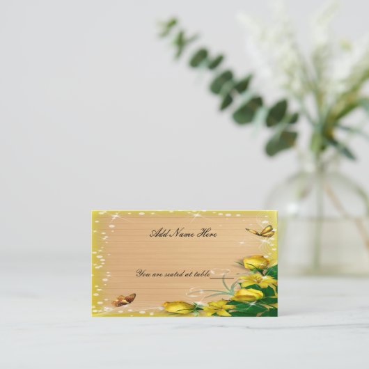 Carte De Placement Bois rustique Papillon floral jaune Lieu (Debout devant)