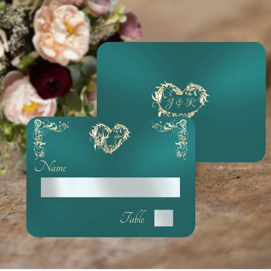 Carte De Placement Bordure Vintage & Monogramme - Turquoise