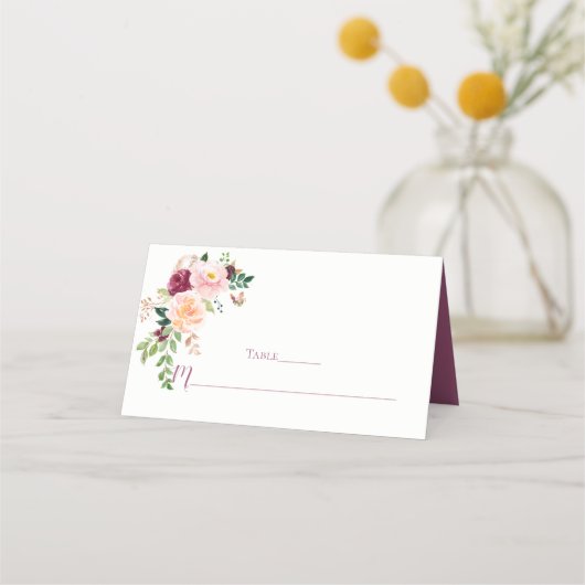 Carte De Placement Bouquet floral Bourgogne Blush Mauve (Devant)