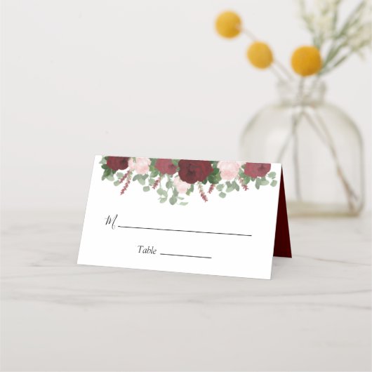 Carte De Placement Bourgogne Floral Blush Roses rose Mariage (Devant)