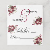 Carte De Placement Bourgogne Floral Moderne Script Numéro de tableau (Extérieur déplié)