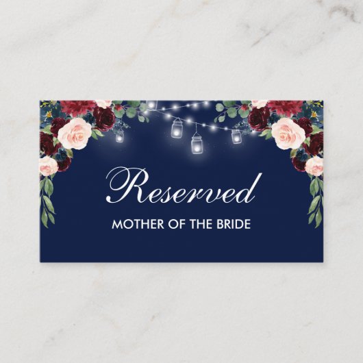 Carte De Placement Burgundy Blue Fleurs Lumineuses Mariage Nom Réserv (Devant)