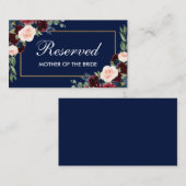 Carte De Placement Burgundy Blue Floral Gold Mariage Nom réservé (Devant / Derrière)