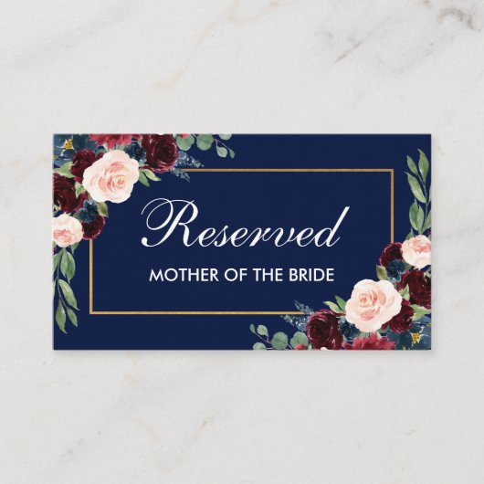 Carte De Placement Burgundy Blue Floral Gold Mariage Nom réservé (Devant)
