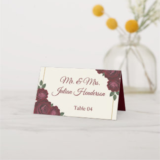 Carte De Placement Burgundy Floral & Gold Folded Wedding Place Card