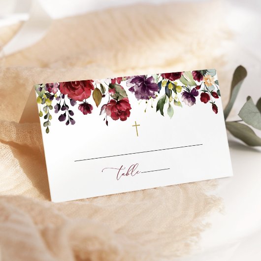 Carte De Placement Burgundy Flowers, Pink Flowers, Floral Baptism