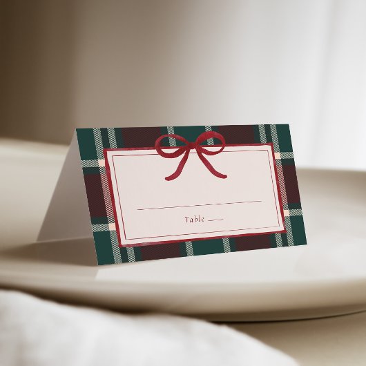 Carte De Placement Burgundy Green Plaid Christmas Bow Wedding