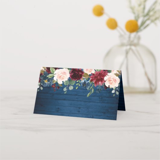 Carte De Placement Burgundy Navy Blue Wood Blush Floral Mariage (Devant)