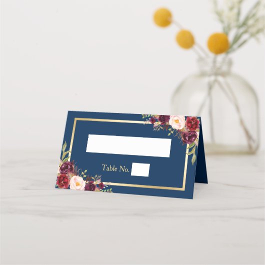 Carte De Placement Burgundy Red Floral Navy Blue Gold Frame Mariage (Devant)