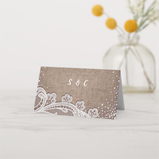 Carte De Placement Burlap parties scintillant dentelle mariage rustiq (Dos)