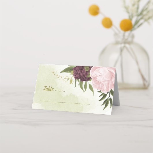 Carte De Placement cabernet rose fleurs vert feuilles (Devant)
