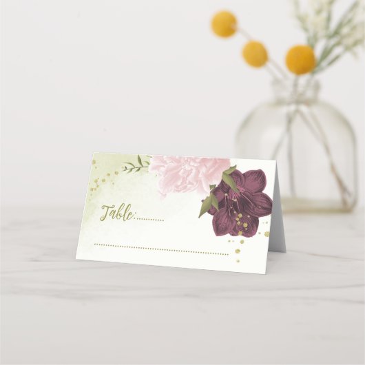 Carte De Placement cabernet rose fleurs vert feuilles (Devant)