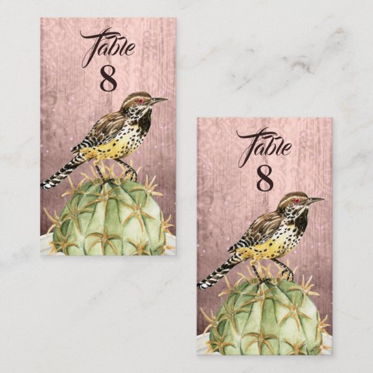 Carte De Placement Cactus aquarelle avec Mariage d'oiseaux Wren (Devant / Derrière)