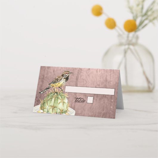 Carte De Placement Cactus aquarelle avec Mariage d'oiseaux Wren (Devant)