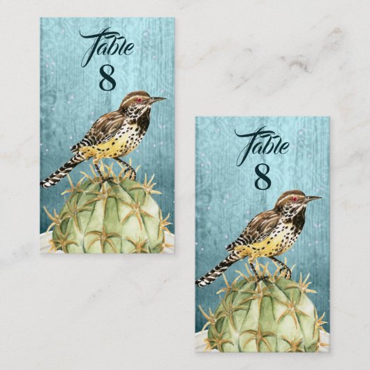 Carte De Placement Cactus aquarelle avec Mariage d'oiseaux Wren (Devant / Derrière)