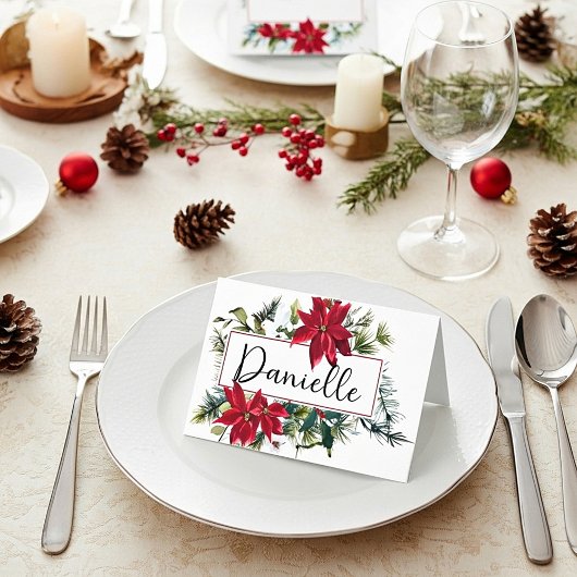 Carte De Placement Cadre poinsettia aquarelle Noël