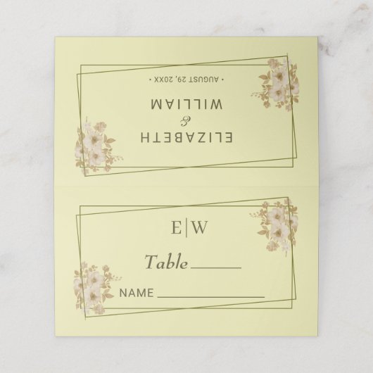 Carte De Placement Cadre rose - Mariage jaune céleste Monogramme (Extérieur déplié)