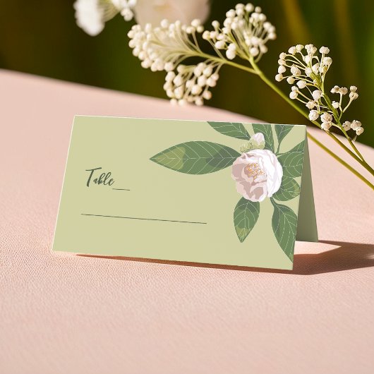 Carte De Placement Camellia et verdure Mariage simple et élégant