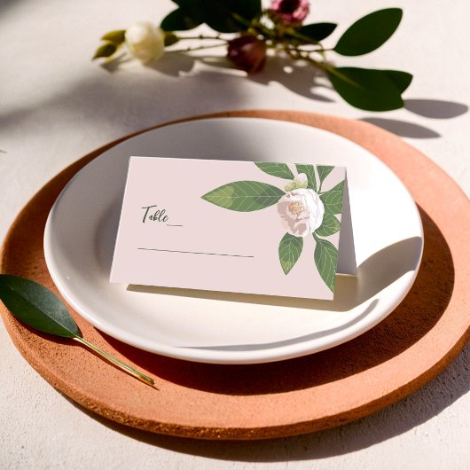 Carte De Placement Camellia et verdure Mariage simple et élégant