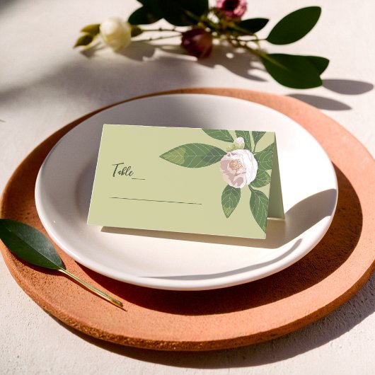 Carte De Placement Camellia et verdure Mariage simple et élégant