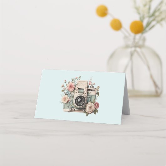 Carte De Placement Camera with Flowers Retro Pastel (Devant)