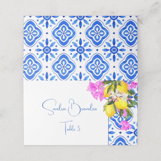 Carte De Placement Carreaux bleus Bougainvillea citrons mariage éléga (Extérieur déplié)