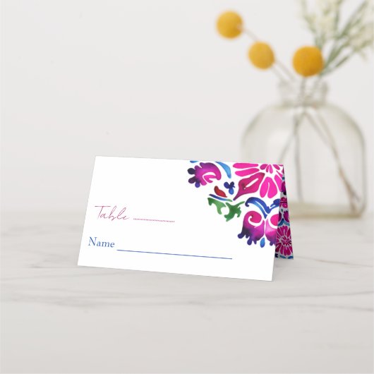 Carte De Placement Carreaux mexicains rose bleu mariage nom et table (Devant)