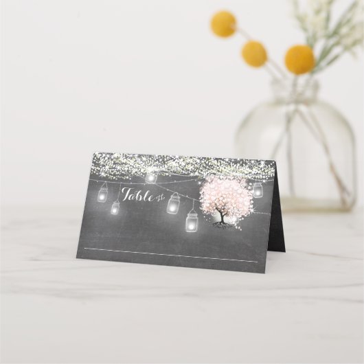 Carte De Placement Carte de Mariage Chalkboard Pink Heart Leaf Tree (Devant)