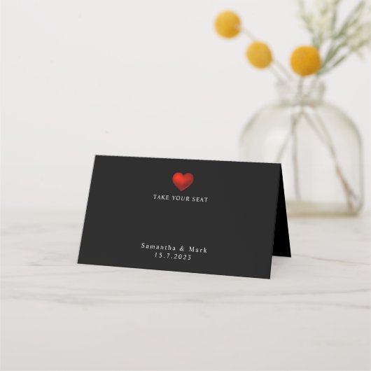 Carte De Placement Carte de Mariage Noir au coeur rouge simple (Devant)